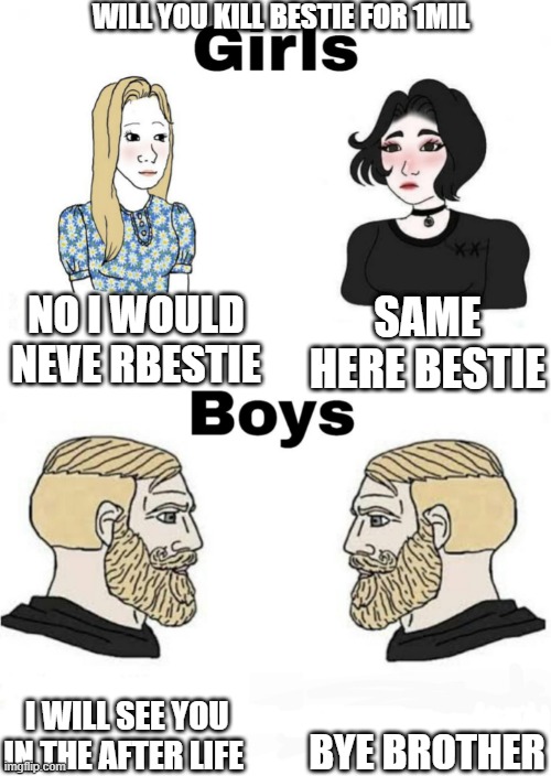 Girls vs Boys | WILL YOU KILL BESTIE FOR 1MIL; NO I WOULD NEVE RBESTIE; SAME HERE BESTIE; BYE BROTHER; I WILL SEE YOU IN THE AFTER LIFE | image tagged in girls vs boys | made w/ Imgflip meme maker