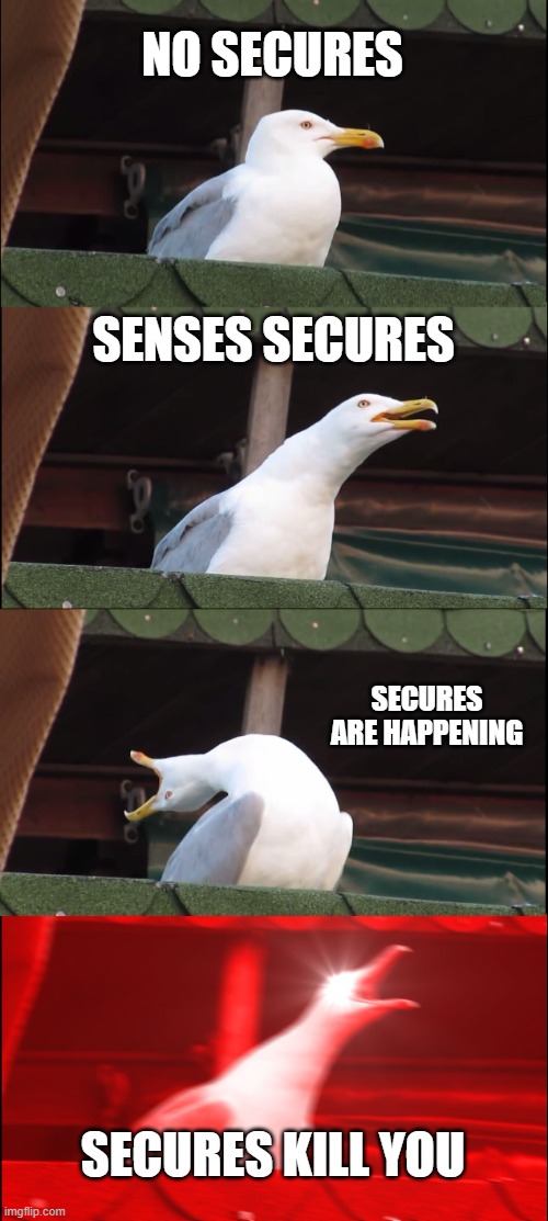 Inhaling Seagull | NO SECURES; SENSES SECURES; SECURES ARE HAPPENING; SECURES KILL YOU | image tagged in memes,inhaling seagull | made w/ Imgflip meme maker