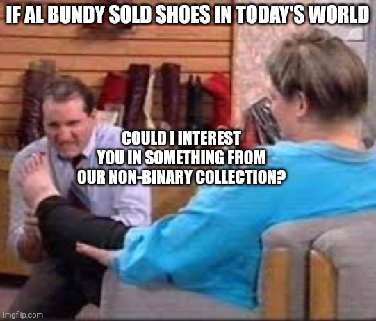 If Al Bundy Sold Shoes In Today's World | IF AL BUNDY SOLD SHOES IN TODAY'S WORLD; COULD I INTEREST YOU IN SOMETHING FROM OUR NON-BINARY COLLECTION? | image tagged in married with children,al bundy,non-binary,shoes | made w/ Imgflip meme maker