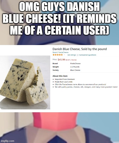 TABS Stare | OMG GUYS DANISH BLUE CHEESE! (IT REMINDS ME OF A CERTAIN USER) | image tagged in tabs stare | made w/ Imgflip meme maker