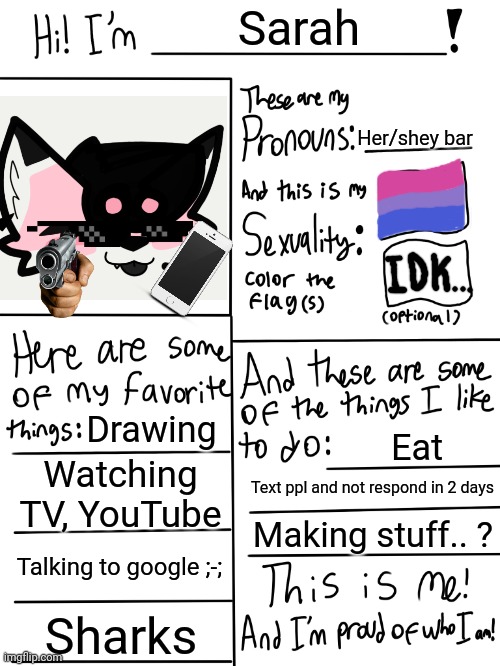 Oh yes B] | Sarah; Her/shey bar; Drawing; Eat; Watching TV, YouTube; Text ppl and not respond in 2 days; Making stuff.. ? Talking to google ;-;; Sharks | image tagged in lgbtq stream account profile | made w/ Imgflip meme maker