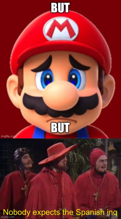 BUT BUT Nobody expects the Spanish Inquisition | image tagged in sad mario,nobody expects the spanish inquisition monty python | made w/ Imgflip meme maker