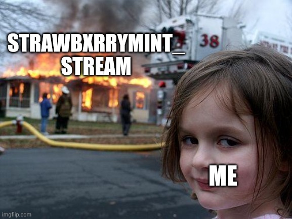 Ayo I made a stream. go follow it! or not... (link in comments) | STRAWBXRRYMINT_ STREAM; ME | image tagged in memes,disaster girl | made w/ Imgflip meme maker