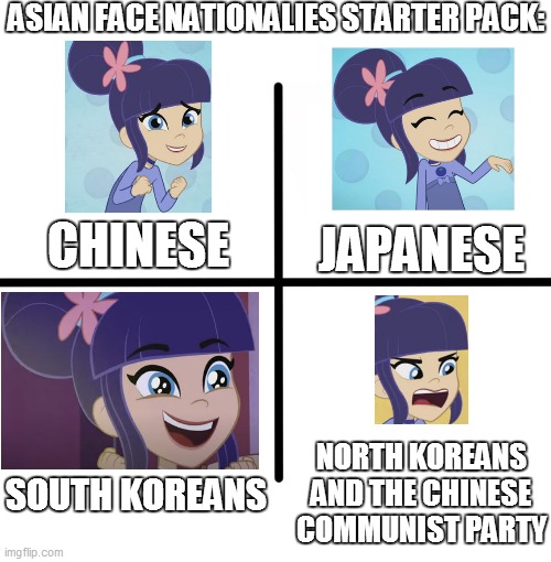 Asian Nationalities Starter Pack | ASIAN FACE NATIONALIES STARTER PACK:; CHINESE; JAPANESE; NORTH KOREANS AND THE CHINESE COMMUNIST PARTY; SOUTH KOREANS | image tagged in memes,blank starter pack,funny memes,strawberry shortcake,strawberry shortcake berry in the big city,asians | made w/ Imgflip meme maker