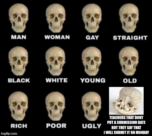 idiot skull | TEACHERS THAT DONT PUT A SUBMISSION DATE BUT THEY SAY THAT I WILL SUBMIT IT ON MONDAY | image tagged in idiot skull | made w/ Imgflip meme maker