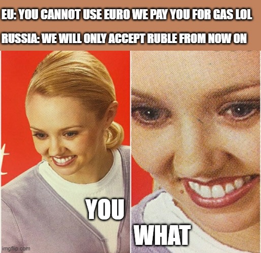 ruble for gas | EU: YOU CANNOT USE EURO WE PAY YOU FOR GAS LOL; RUSSIA: WE WILL ONLY ACCEPT RUBLE FROM NOW ON; YOU                           WHAT | image tagged in wait what | made w/ Imgflip meme maker