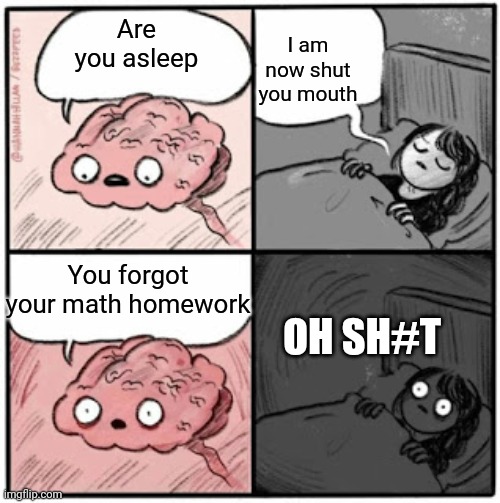 When you forget your homework | I am now shut you mouth; Are you asleep; You forgot your math homework; OH SH#T | image tagged in brain before sleep | made w/ Imgflip meme maker