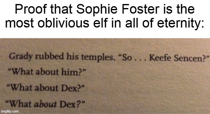Proof that Sophie Foster is the most oblivious elf in all of eternity: | image tagged in kotlc,she's almost as oblivious as percy | made w/ Imgflip meme maker