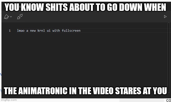 fullscreen executor | YOU KNOW SHITS ABOUT TO GO DOWN WHEN; THE ANIMATRONIC IN THE VIDEO STARES AT YOU | image tagged in fullscreen executor | made w/ Imgflip meme maker