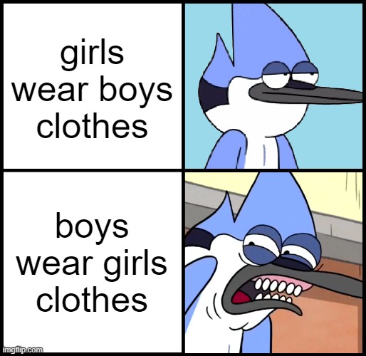 paradox 100 | girls wear boys clothes; boys wear girls clothes | image tagged in mordecai disgusted | made w/ Imgflip meme maker