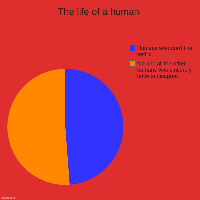 The life of a human | The life of a human | Me and all the other humans who sincerely have to disagree, Humans who don't like netflix | image tagged in charts,pie charts | made w/ Imgflip chart maker