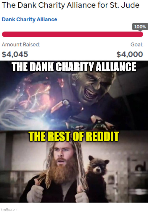 We got this | THE DANK CHARITY ALLIANCE; THE REST OF REDDIT | image tagged in impressed thor,avengers,charity,memes,reddit | made w/ Imgflip meme maker