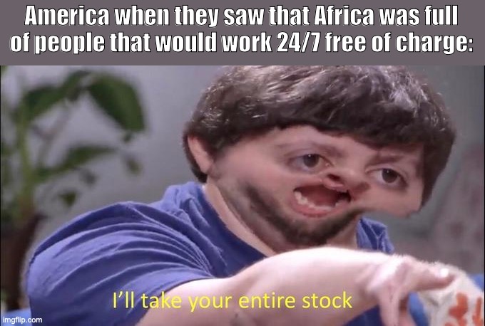I'll take your entire stock | America when they saw that Africa was full of people that would work 24/7 free of charge: | image tagged in i'll take your entire stock | made w/ Imgflip meme maker