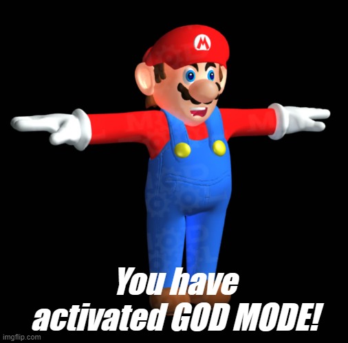 Mario T pose | You have activated GOD MODE! | image tagged in mario t pose | made w/ Imgflip meme maker