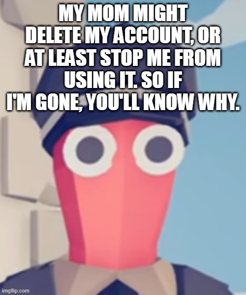 because shes 50 and thinks imgflip is full of predators | MY MOM MIGHT DELETE MY ACCOUNT, OR AT LEAST STOP ME FROM USING IT. SO IF I'M GONE, YOU'LL KNOW WHY. | image tagged in tabs stare | made w/ Imgflip meme maker