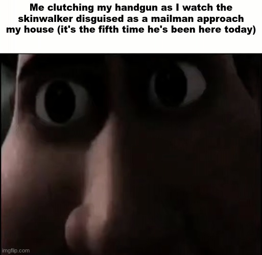 It may be the last time. | Me clutching my handgun as I watch the skinwalker disguised as a mailman approach my house (it's the fifth time he's been here today) | image tagged in titan staring | made w/ Imgflip meme maker