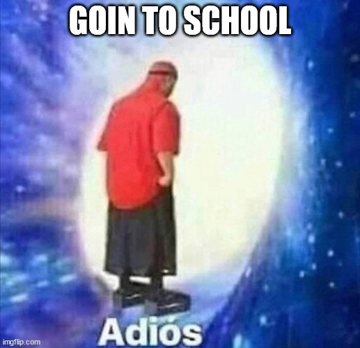 Adios | GOIN TO SCHOOL | image tagged in adios | made w/ Imgflip meme maker