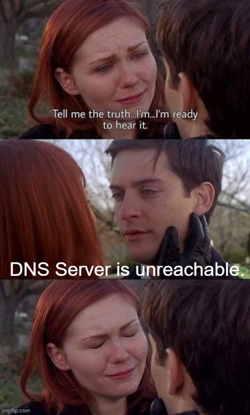Tell me the truth, I'm ready to hear it | DNS Server is unreachable. | image tagged in tell me the truth i'm ready to hear it | made w/ Imgflip meme maker