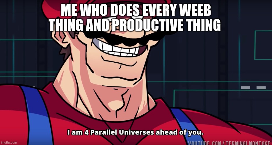 Mario I am four parallel universes ahead of you | ME WHO DOES EVERY WEEB THING AND PRODUCTIVE THING | image tagged in mario i am four parallel universes ahead of you | made w/ Imgflip meme maker