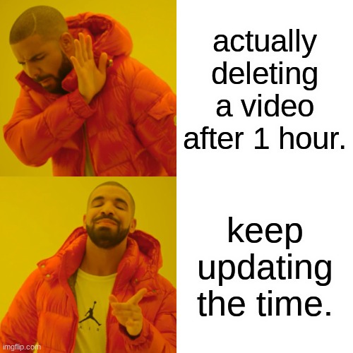 every minecraft youtuber | actually deleting a video after 1 hour. keep updating the time. | image tagged in youtube | made w/ Imgflip meme maker