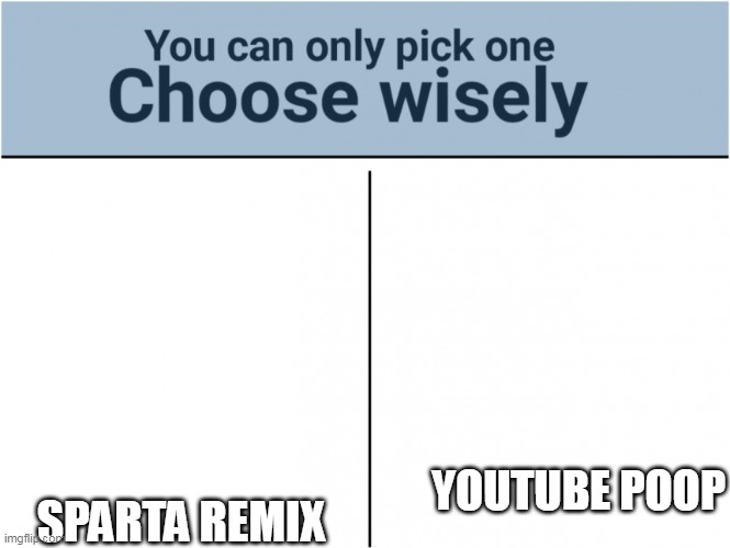 you can pick only one choose wisely | SPARTA REMIX; YOUTUBE POOP | image tagged in you can pick only one choose wisely | made w/ Imgflip meme maker