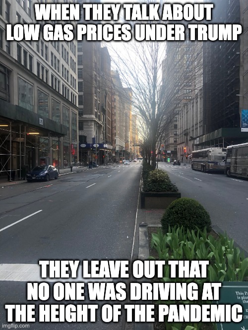 Why gas prices were low under Trump | WHEN THEY TALK ABOUT LOW GAS PRICES UNDER TRUMP; THEY LEAVE OUT THAT NO ONE WAS DRIVING AT THE HEIGHT OF THE PANDEMIC | image tagged in empty manhattan street 2020 | made w/ Imgflip meme maker