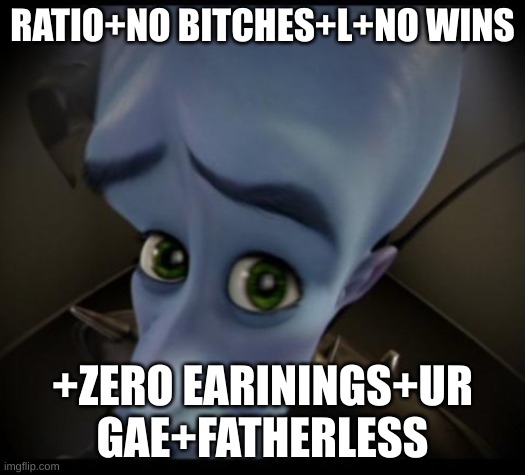 Ratio | RATIO+NO BITCHES+L+NO WINS; +ZERO EARININGS+UR GAE+FATHERLESS | image tagged in no bitches,funny,megamind,fortnite | made w/ Imgflip meme maker