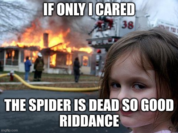 Disaster Girl Meme |  IF ONLY I CARED; THE SPIDER IS DEAD SO GOOD
RIDDANCE | image tagged in memes,disaster girl | made w/ Imgflip meme maker