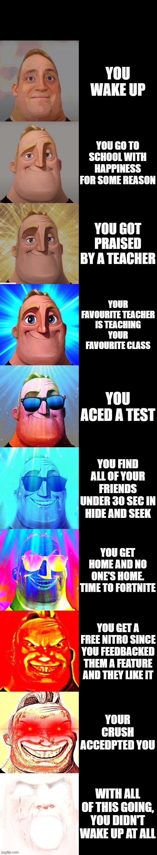 School | YOU WAKE UP; YOU GO TO SCHOOL WITH HAPPINESS FOR SOME REASON; YOU GOT PRAISED BY A TEACHER; YOUR FAVOURITE TEACHER IS TEACHING YOUR FAVOURITE CLASS; YOU ACED A TEST; YOU FIND ALL OF YOUR FRIENDS UNDER 30 SEC IN HIDE AND SEEK; YOU GET HOME AND NO ONE'S HOME. TIME TO FORTNITE; YOU GET A FREE NITRO SINCE YOU FEEDBACKED THEM A FEATURE AND THEY LIKE IT; YOUR CRUSH ACCEDPTED YOU; WITH ALL OF THIS GOING, YOU DIDN'T WAKE UP AT ALL | image tagged in mr incredible becoming canny | made w/ Imgflip meme maker