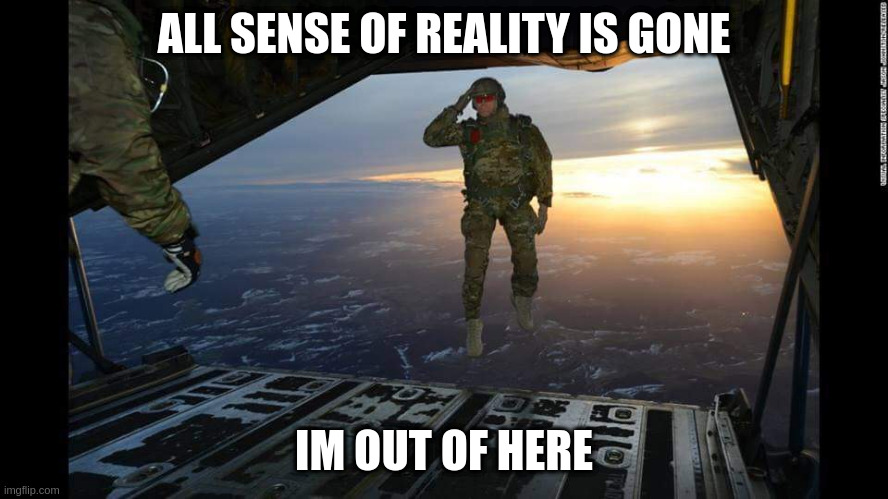 Military Skydive Solute | ALL SENSE OF REALITY IS GONE IM OUT OF HERE | image tagged in military skydive solute | made w/ Imgflip meme maker