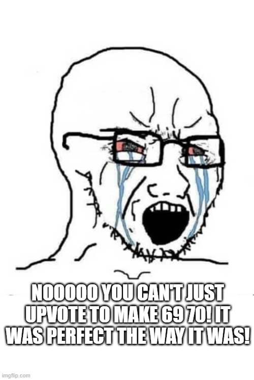 Nooo soyboy | NOOOOO YOU CAN'T JUST UPVOTE TO MAKE 69 70! IT WAS PERFECT THE WAY IT WAS! | image tagged in nooo soyboy | made w/ Imgflip meme maker