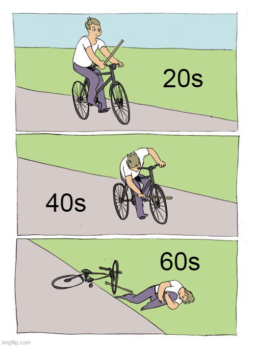 Life in a nutshell |  20s; 40s; 60s | image tagged in memes,bike fall | made w/ Imgflip meme maker