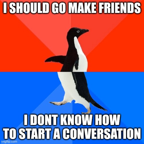 Me everyday= | I SHOULD GO MAKE FRIENDS; I DONT KNOW HOW TO START A CONVERSATION | image tagged in memes,socially awesome awkward penguin | made w/ Imgflip meme maker