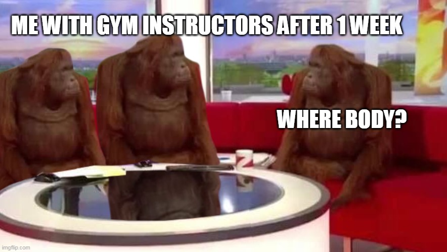 Body building expectations |  ME WITH GYM INSTRUCTORS AFTER 1 WEEK; WHERE BODY? | image tagged in where monkey | made w/ Imgflip meme maker