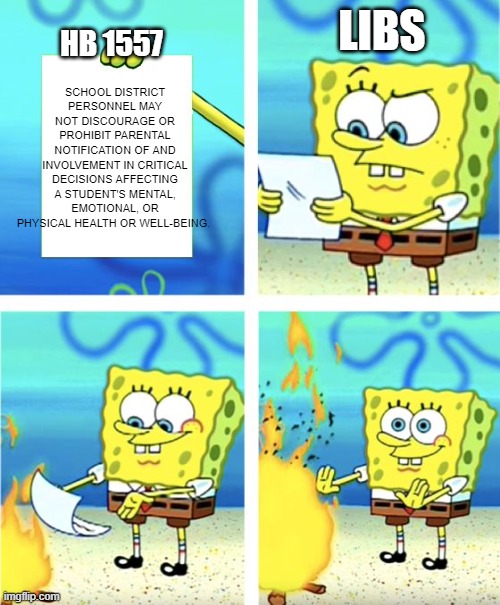 Because involving parents in critical decisions regarding their child well-being is a bad idea for some reason | SCHOOL DISTRICT PERSONNEL MAY NOT DISCOURAGE OR PROHIBIT PARENTAL NOTIFICATION OF AND INVOLVEMENT IN CRITICAL DECISIONS AFFECTING A STUDENT'S MENTAL, EMOTIONAL, OR PHYSICAL HEALTH OR WELL-BEING. LIBS; HB 1557 | image tagged in spongebob burning paper | made w/ Imgflip meme maker