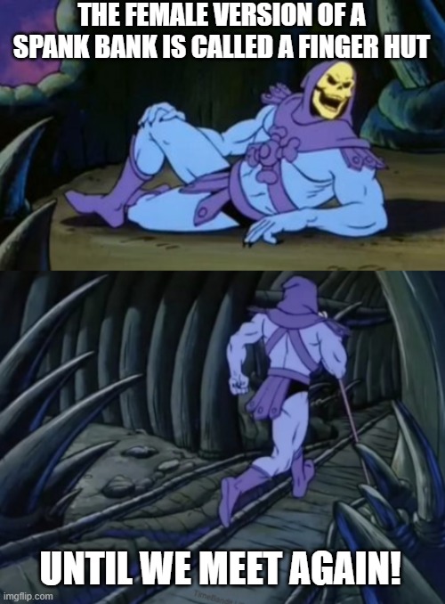 Skeletor Boner | THE FEMALE VERSION OF A SPANK BANK IS CALLED A FINGER HUT; UNTIL WE MEET AGAIN! | image tagged in disturbing facts skeletor | made w/ Imgflip meme maker