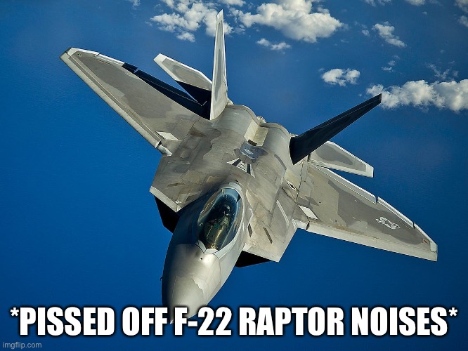 fighter jet | *PISSED OFF F-22 RAPTOR NOISES* | image tagged in fighter jet | made w/ Imgflip meme maker