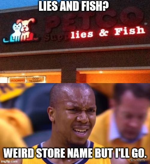 LIES AND FISH? WEIRD STORE NAME BUT I'LL GO. | image tagged in huh | made w/ Imgflip meme maker