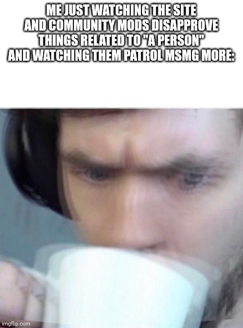 If I get banned for legit saying "a person", I'ma be pissed | ME JUST WATCHING THE SITE AND COMMUNITY MODS DISAPPROVE THINGS RELATED TO "A PERSON" AND WATCHING THEM PATROL MSMG MORE: | image tagged in concerned sean intensifies | made w/ Imgflip meme maker