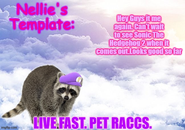 Hey Guys it me again. Can't wait to see Sonic The Hedgehog 2 when it comes out.Looks good so far; LIVE FAST. PET RACCS. | made w/ Imgflip meme maker