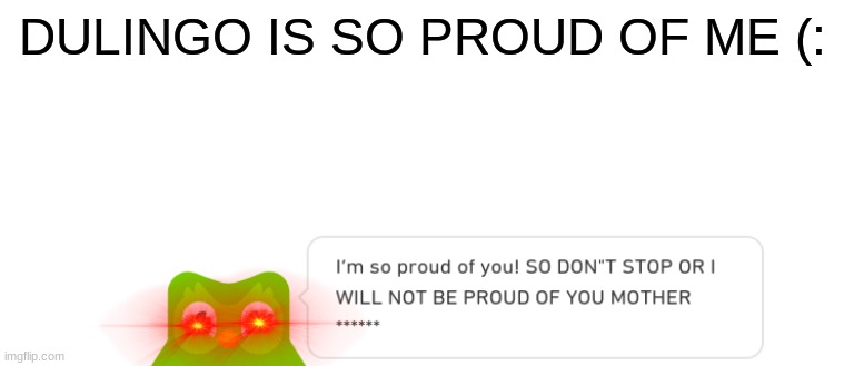 Duolingo is so Proud of me | DULINGO IS SO PROUD OF ME (: | image tagged in meme | made w/ Imgflip meme maker