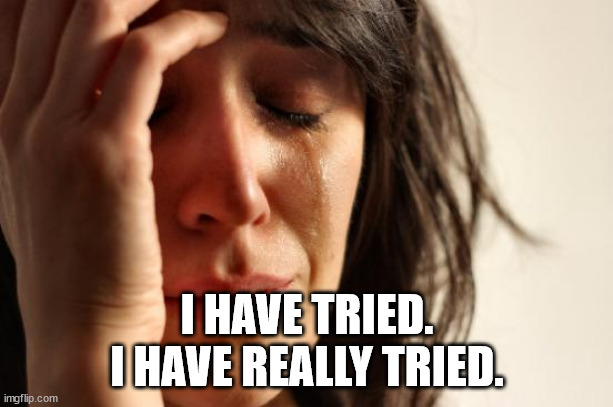 First World Problems Meme | I HAVE TRIED.
I HAVE REALLY TRIED. | image tagged in memes,first world problems | made w/ Imgflip meme maker