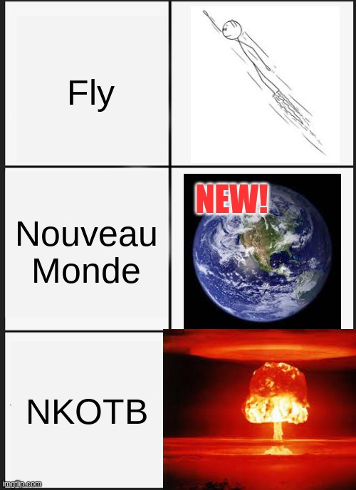 Another Manie Musical Meme | Fly; Nouveau Monde; NEW! NKOTB | image tagged in memes,panik kalm panik | made w/ Imgflip meme maker