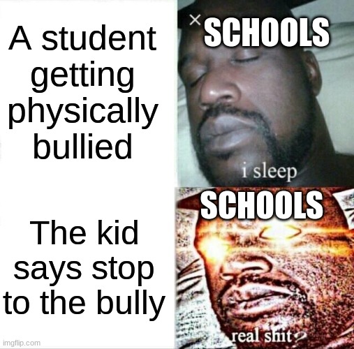 ඞ ඞ ඞ ඞ ඞ ඞ | A student getting physically bullied; SCHOOLS; SCHOOLS; The kid says stop to the bully | image tagged in memes,sleeping shaq | made w/ Imgflip meme maker