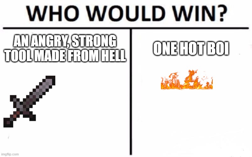 Who Would Win? Meme | AN ANGRY, STRONG TOOL MADE FROM HELL; ONE HOT BOI | image tagged in memes,who would win | made w/ Imgflip meme maker