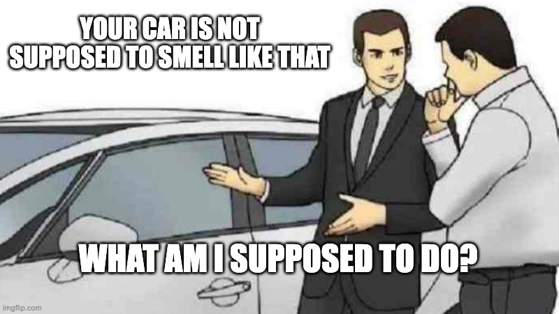 Car Salesman Slaps Roof Of Car | YOUR CAR IS NOT SUPPOSED TO SMELL LIKE THAT; WHAT AM I SUPPOSED TO DO? | image tagged in memes,car salesman slaps roof of car | made w/ Imgflip meme maker