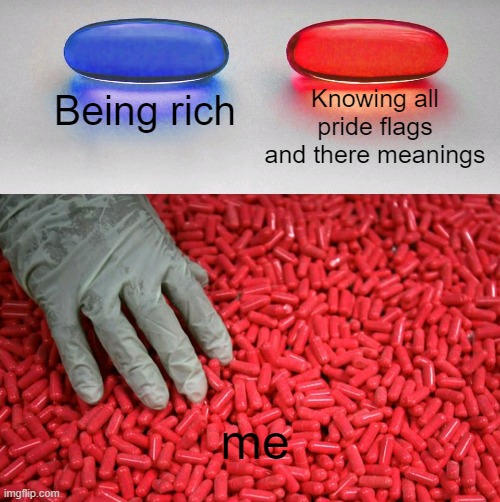 IM WEIRD I KNOW |  Knowing all pride flags and there meanings; Being rich; me | image tagged in blue or red pill,lgbtq,memes | made w/ Imgflip meme maker