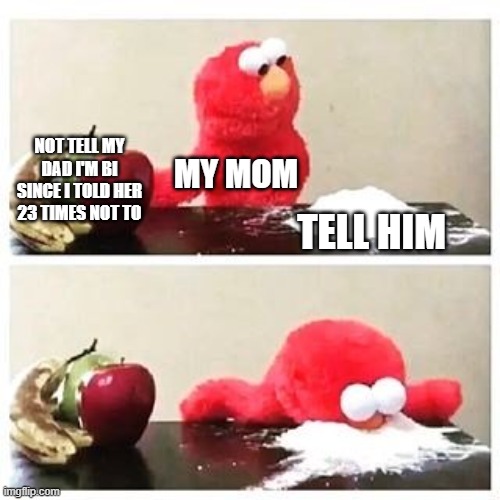 this is why my mom is a jerk |  NOT TELL MY DAD I'M BI SINCE I TOLD HER 23 TIMES NOT TO; MY MOM; TELL HIM | image tagged in elmo cocaine,lgbtq,memes | made w/ Imgflip meme maker