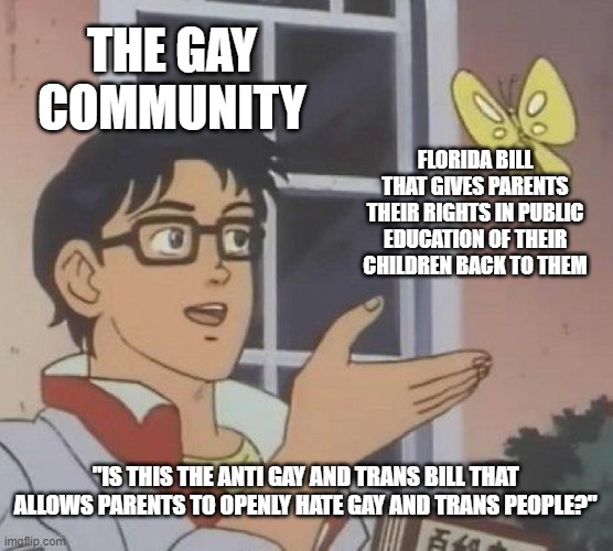 The so-called "don't say gay" bill doesn't not mention "gay" once. The left are lying to you and making it all about them. | THE GAY COMMUNITY; FLORIDA BILL THAT GIVES PARENTS THEIR RIGHTS IN PUBLIC EDUCATION OF THEIR CHILDREN BACK TO THEM; "IS THIS THE ANTI GAY AND TRANS BILL THAT ALLOWS PARENTS TO OPENLY HATE GAY AND TRANS PEOPLE?" | image tagged in memes,is this a pigeon | made w/ Imgflip meme maker