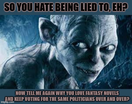 Do you really hate being lied to? | SO YOU HATE BEING LIED TO, EH? NOW TELL ME AGAIN WHY YOU LOVE FANTASY NOVELS
AND KEEP VOTING FOR THE SAME POLITICIANS OVER AND OVER? | image tagged in fantasy,lotr,politics,hypocrisy,think about it | made w/ Imgflip meme maker